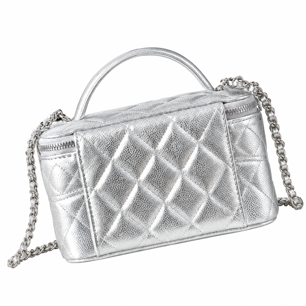 Chanel CC Embossed Metallic Caviar Vanity Case Silver 17cm
