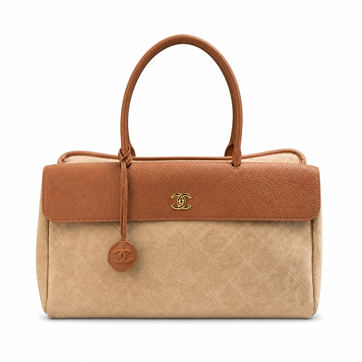 Chanel Medium Executive Tote Beige Quilted Suede & Cognac Leather | Gold CC Turn-Lock — 38cm