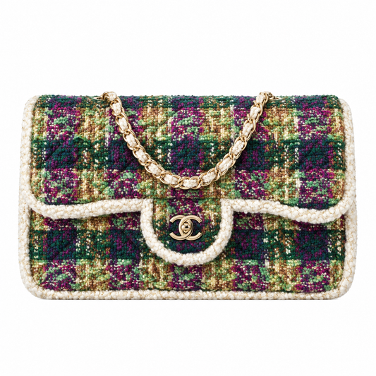 Chanel Tweed Bead Embellished Flap Bag Purple Green 21×33×10cm