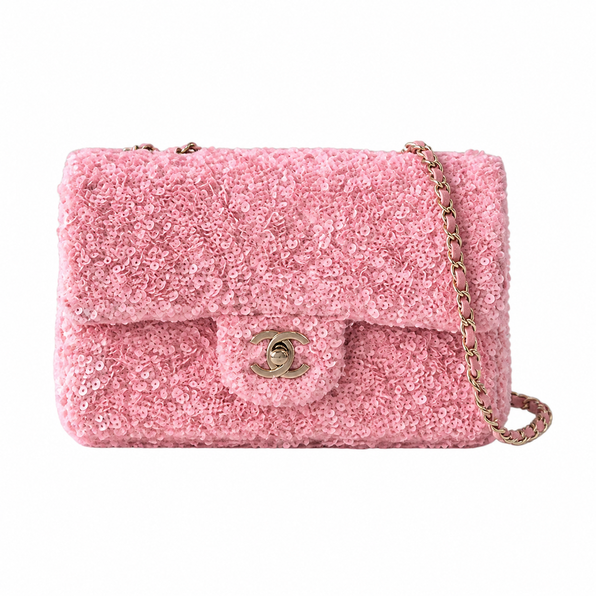 Chanel Small Flap Bag Candy Pink Full-Coverage Large Sequin | Gold CC Turn-Lock — 20cm