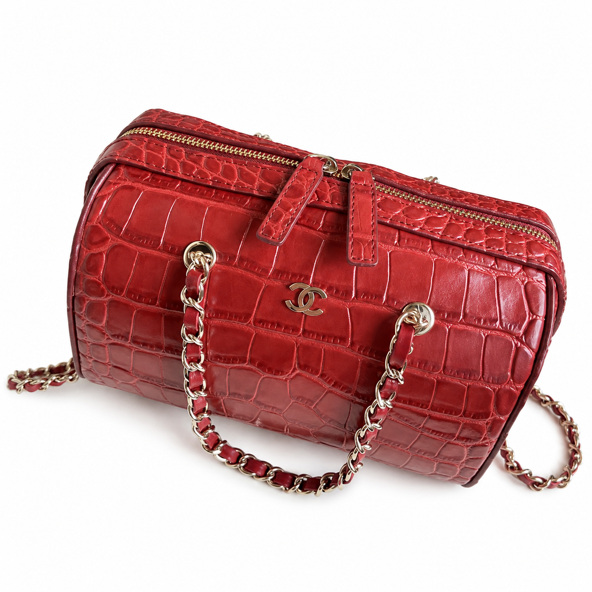 Chanel Cherry Red Croc-Embossed Bowling Bag | Gold CC Badge & Tonal Red Chain