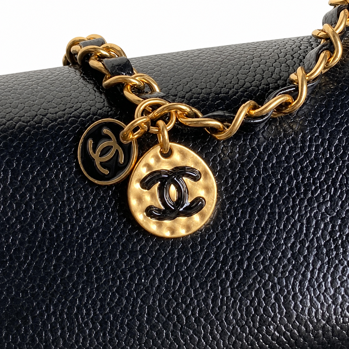 Chanel Mini Flap Bag Black Caviar Leather | Double CC Charm & Aged Gold CC — 17.5cm