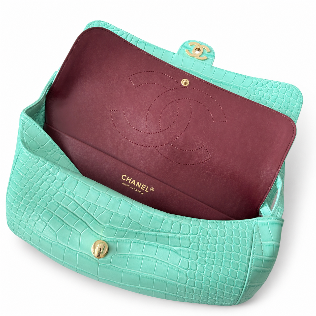 Chanel Classic Double Flap Bag Mint Turquoise Crocodile-Embossed Leather | Gold CC — 32cm