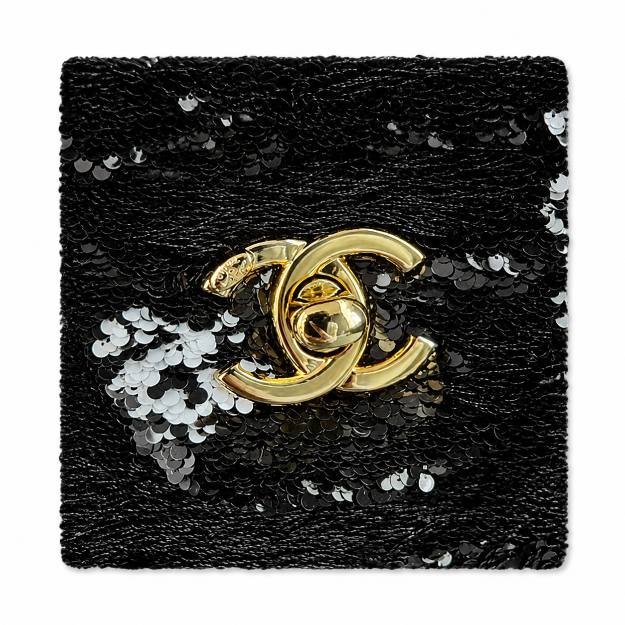 Chanel Black & Silver Sequin Mini Flap Bag | Camellia & Teal Gemstone CC — 21cm
