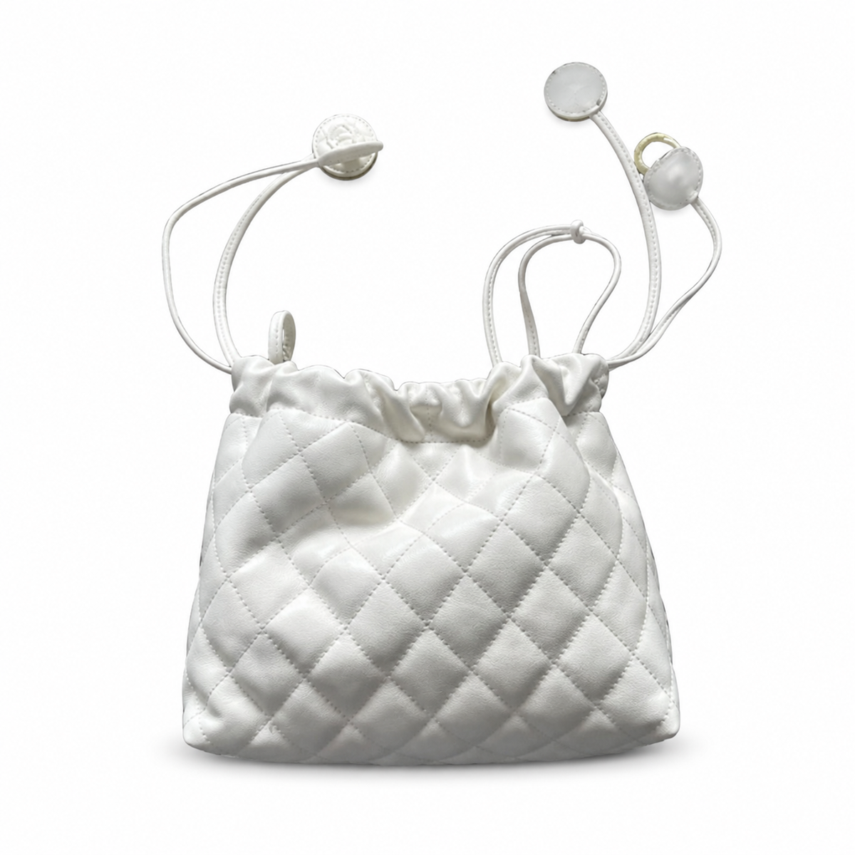 Chanel White Lambskin Quilted Drawstring Bucket Bag | Triple CC Coin Charms & Adjustable Strap
