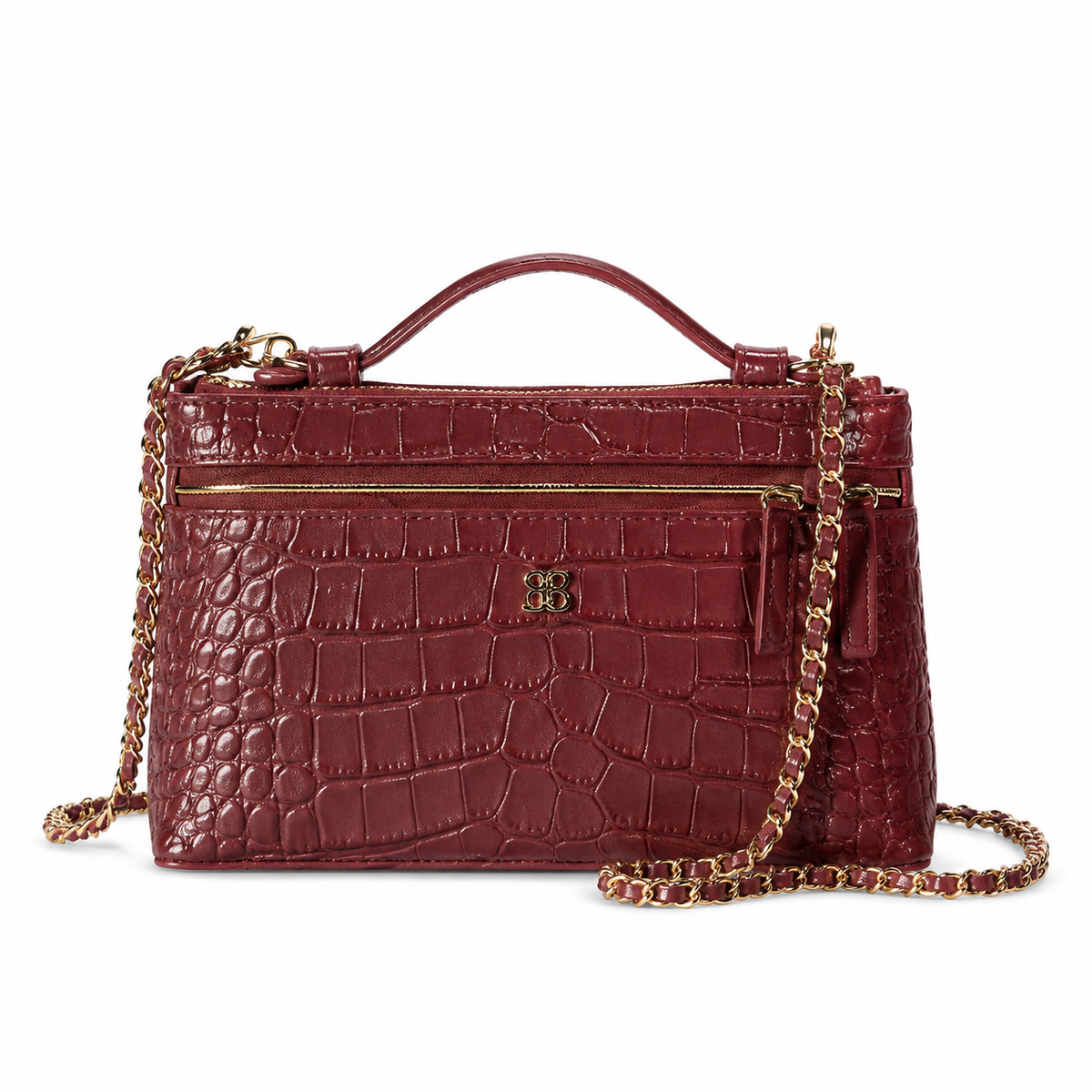 Chanel Burgundy Croc-Embossed Structured Box Bag | Full-Width Front Zip & Gold Chain