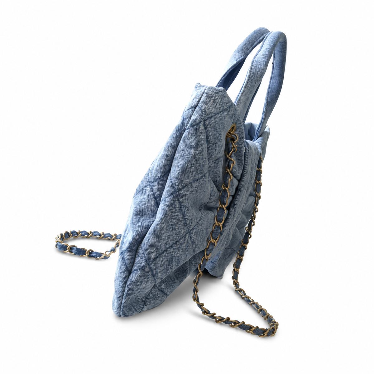 Chanel Denim Quilted Large Shopping Tote | Gold Chain Blue — 29x38cm