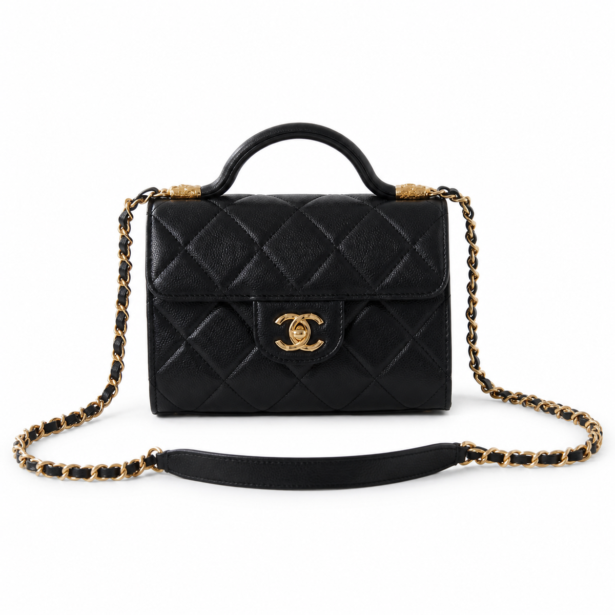 Chanel Caviar Top Handle Mini Flap Bag | CC Turn-Lock Gold Chain Black — 13x18cm
