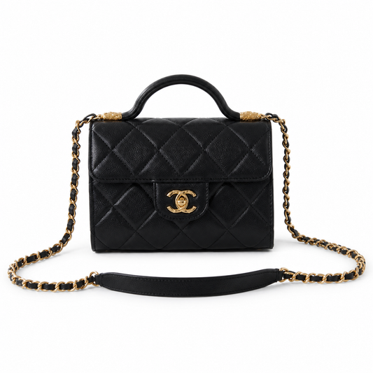 Chanel Caviar Top Handle Mini Flap Bag | CC Turn-Lock Gold Chain Black — 13x18cm