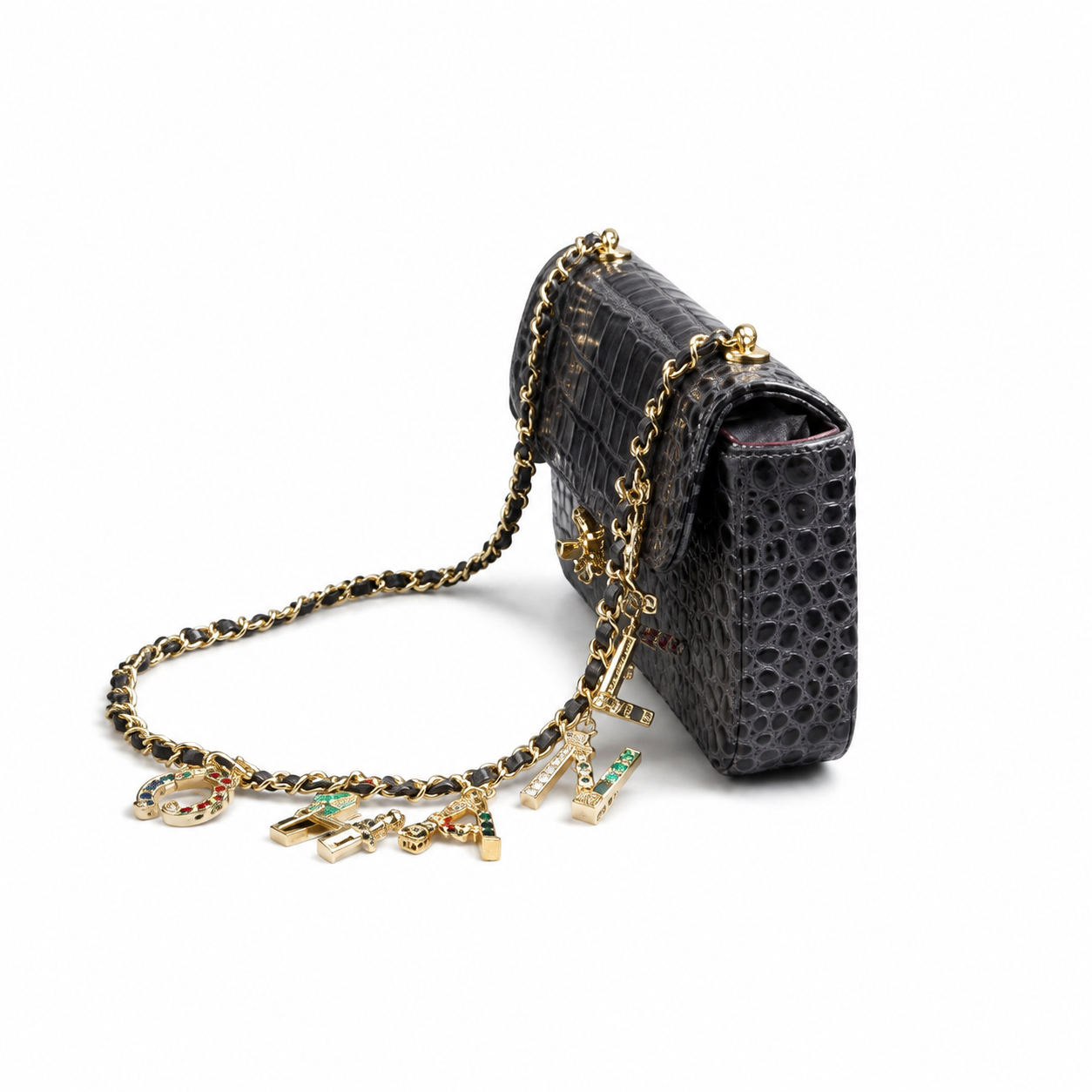 Chanel Charcoal Grey Croc-Embossed Flap Bag | Gold Bar Push-Lock, Jewelled Chain & Burgundy Interior