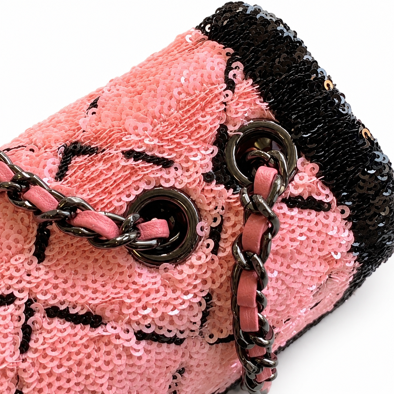 Chanel Pink Oversized Sequin Quilted Diamond Flap Bag | Black Micro-Sequin Grid & Border Frame, Gunmetal Chain