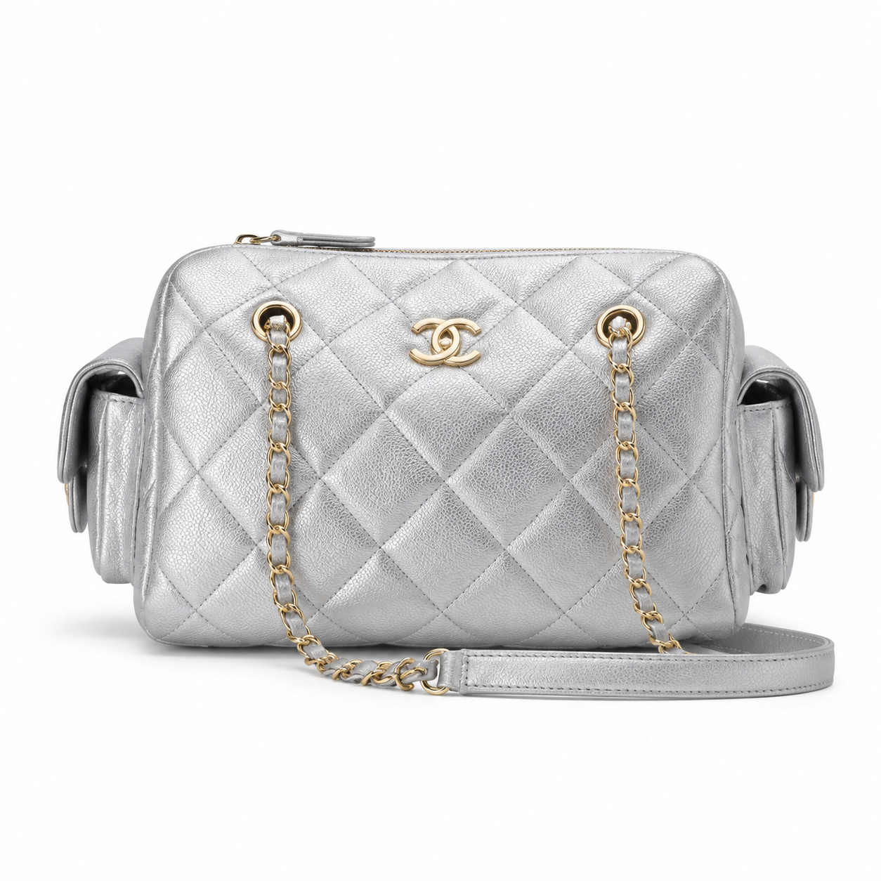 Chanel Metallic Silver Crinkled Leather Quilted Camera Bag | Gold CC, Mixed-Metal Chain & Side Pockets