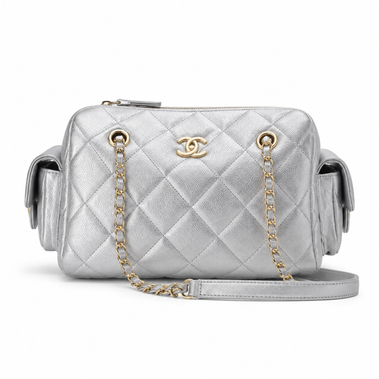 Chanel Metallic Silver Crinkled Leather Quilted Camera Bag | Gold CC, Mixed-Metal Chain & Side Pockets