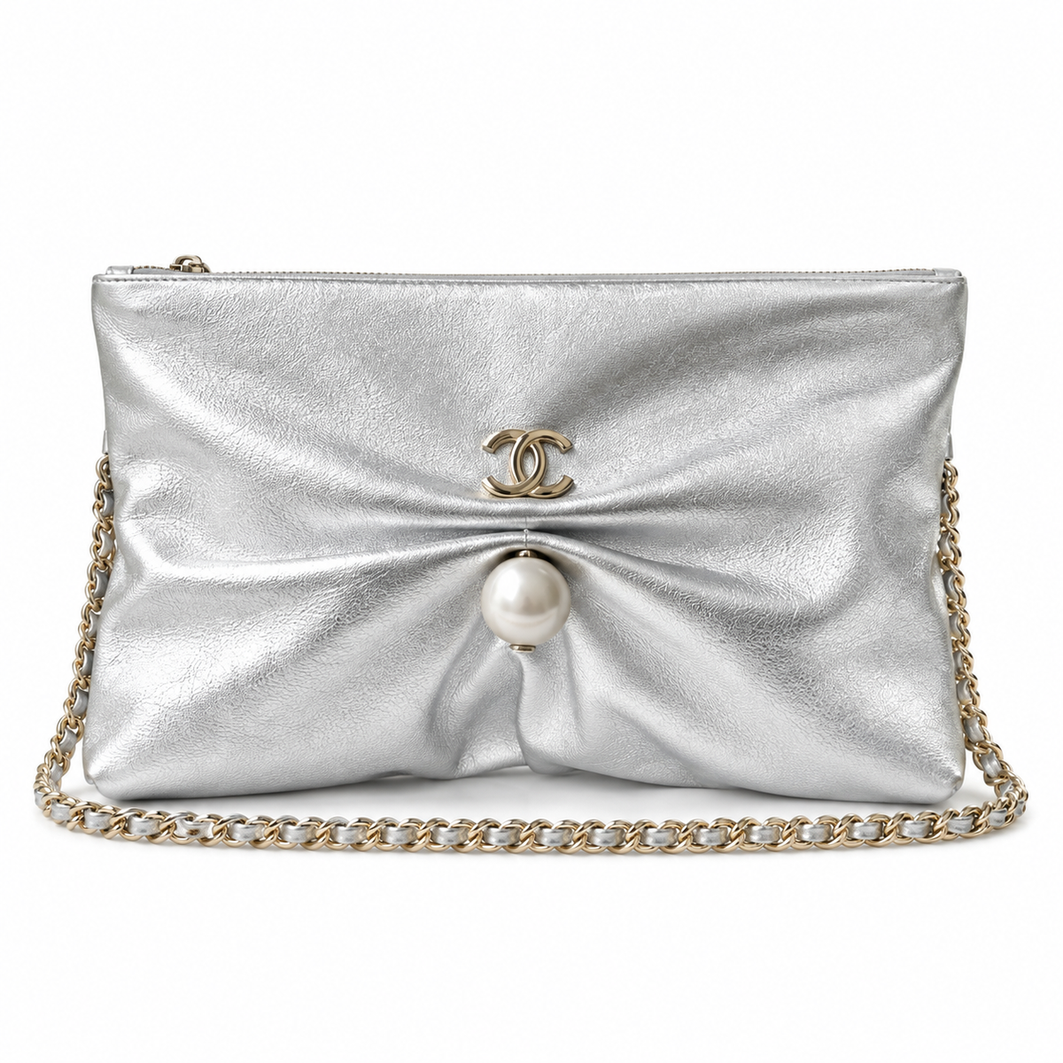 Chanel Pearl CC Gathered Metallic Clutch Silver 14×24×5cm