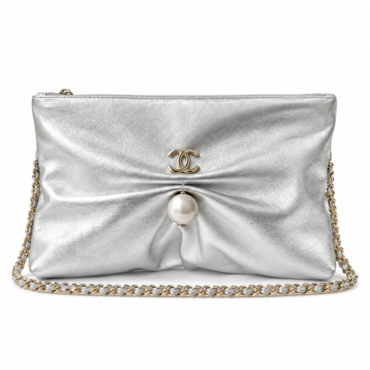 Chanel Pearl CC Gathered Metallic Clutch Silver 14×24×5cm