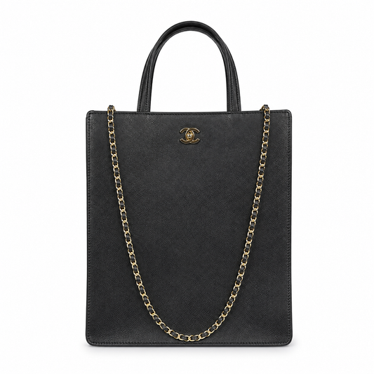 Chanel Black Smooth Leather Large Shopper Tote | Dual Handles & Gold CC Chain