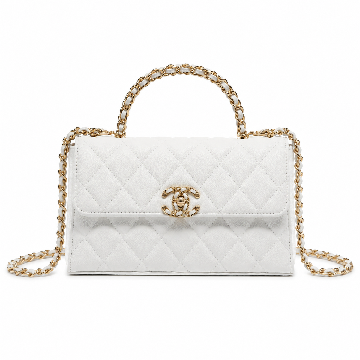 Chanel White Smooth Quilted Mini Top Handle Flap Bag | Gold Chain-Link CC Turn-Lock with Central Sphere & Dual White Chain