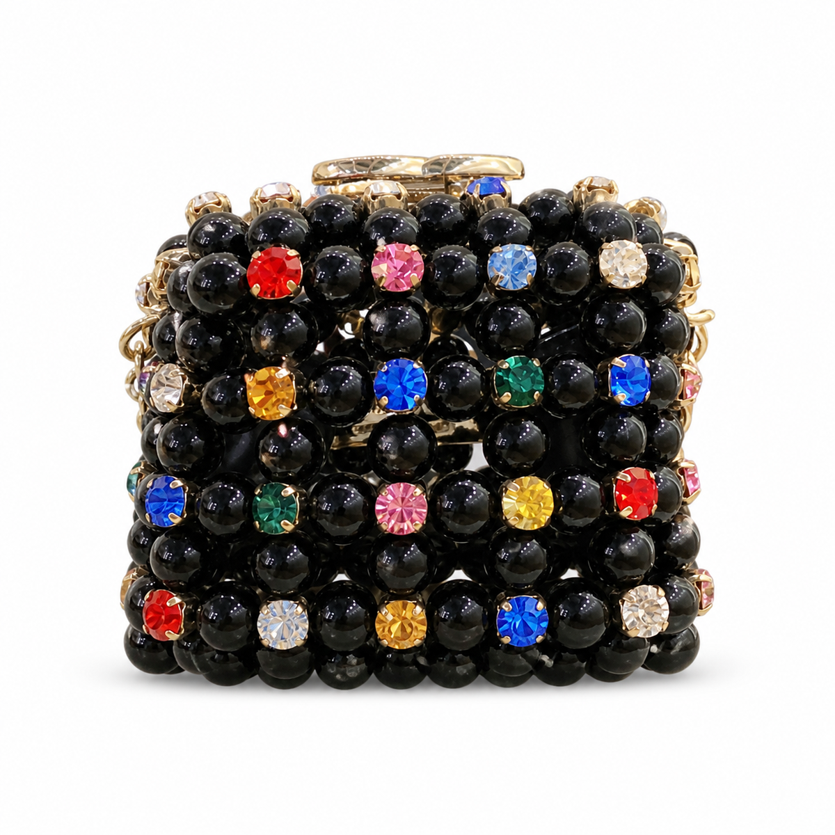 Chanel Black Pearl Minaudère Box Bag | Multicolor Rhinestones & Gold CC — 8cm