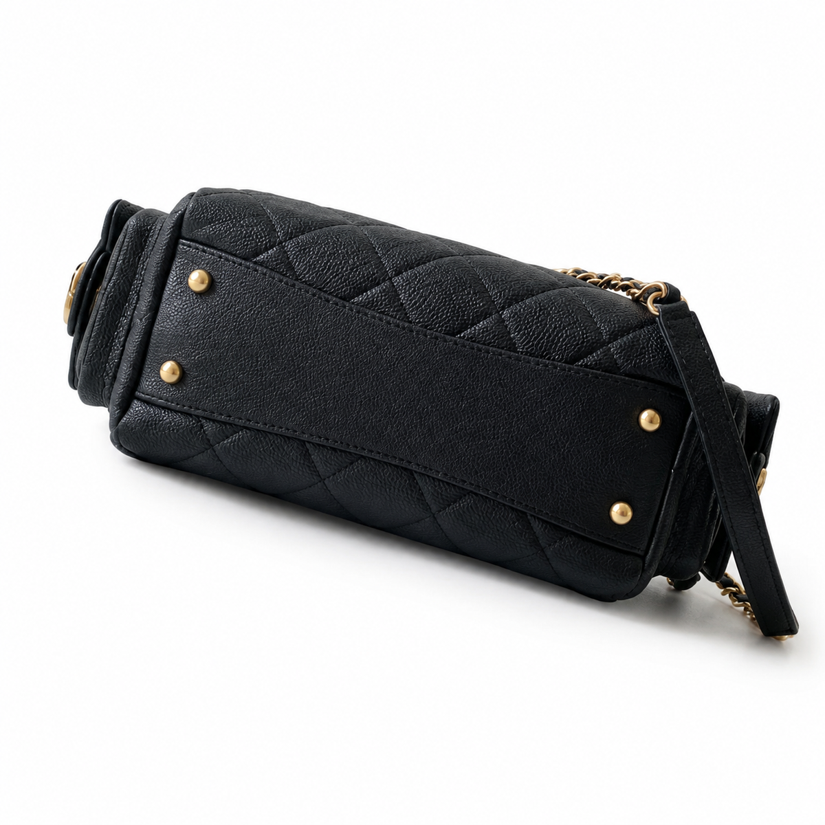 Chanel Black Caviar Leather Quilted Camera Bag | Oversized Antique Gold CC, Side Pockets & Double Chain with Leather Strap