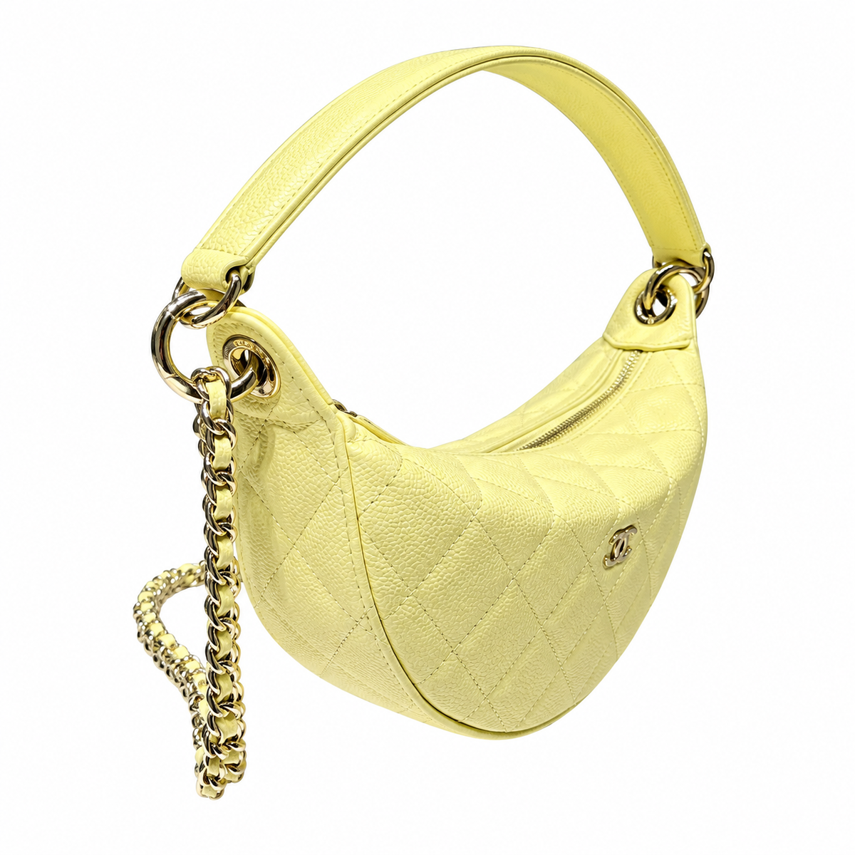 Chanel Crescent Hobo Quilted Caviar Lemon Yellow Leather Handle Gold 22cm