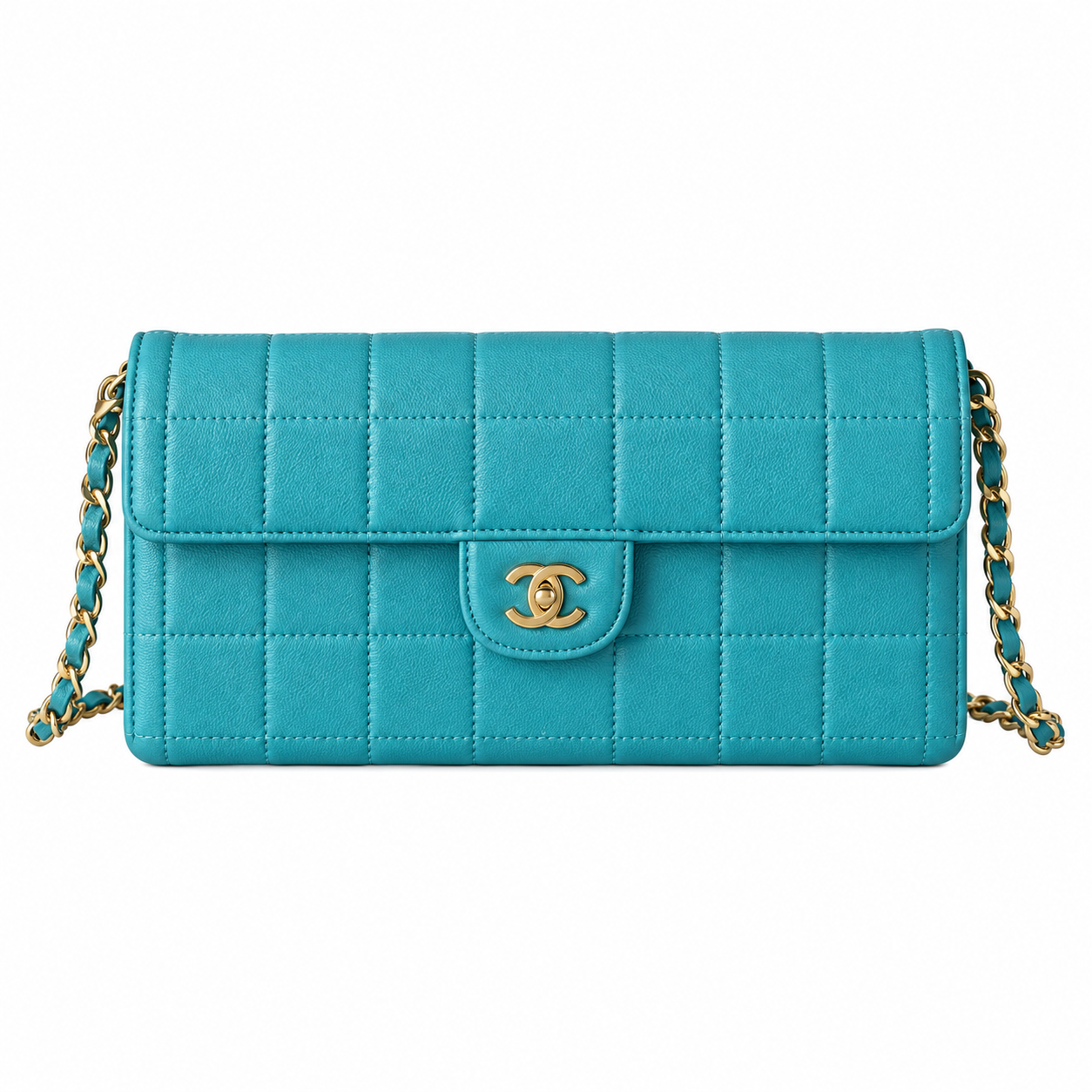 Chanel Square Quilted Lambskin East West Flap Bag Teal Gold 26cm