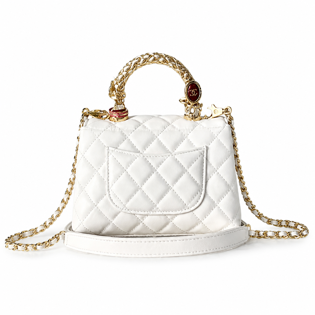 Chanel Ivory White Quilted Lambskin Mini Flap | Jeweled Handle & Red CC Disc — 19cm