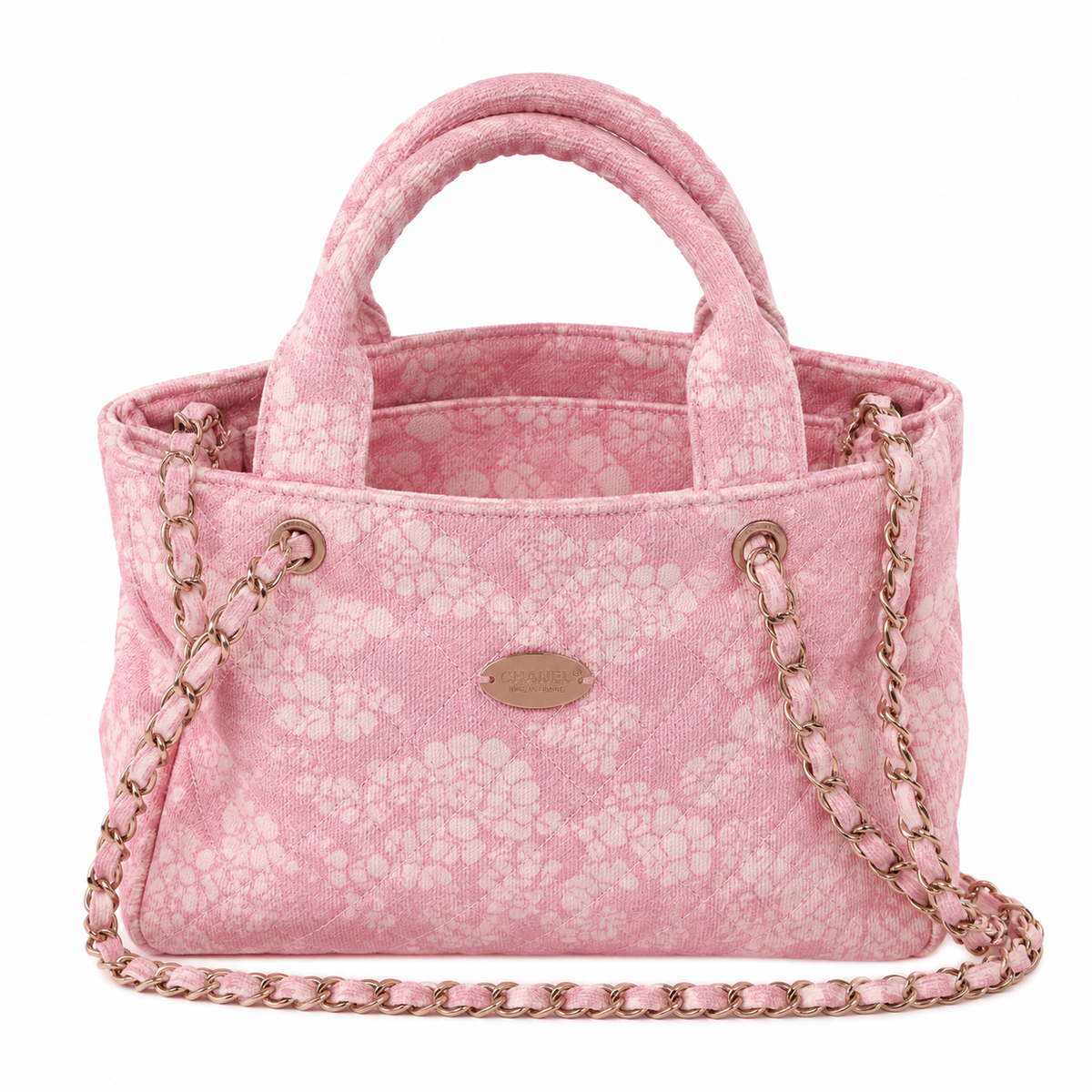 Chanel Pink Floral Jacquard Quilted Shopping Tote | Rose Gold CC Turn-Lock, Dual Tube Handles & Rose Gold Chain