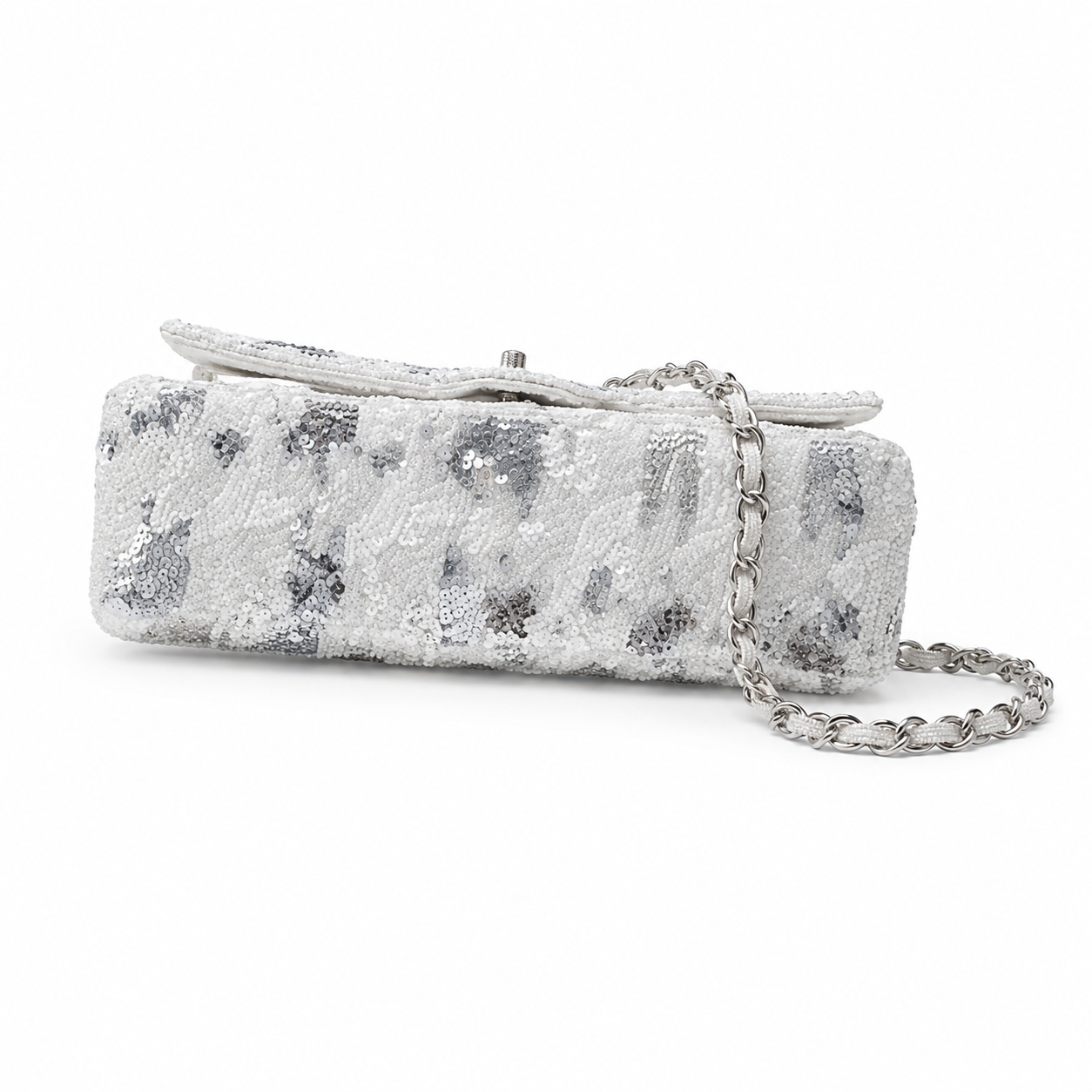 Chanel White & Silver Sequin Leopard Classic Flap Bag