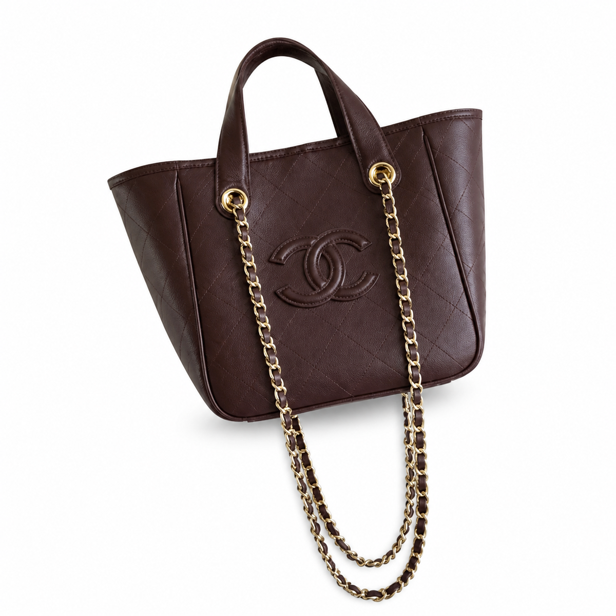 Chanel Small Shopping Tote Burgundy Oxblood Quilted Lambskin | Embossed CC & Gold Chain — 21cm