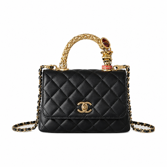 Chanel Black Quilted Lambskin Mini Flap | Jeweled Handle & Garnet Gemstone — 19cm