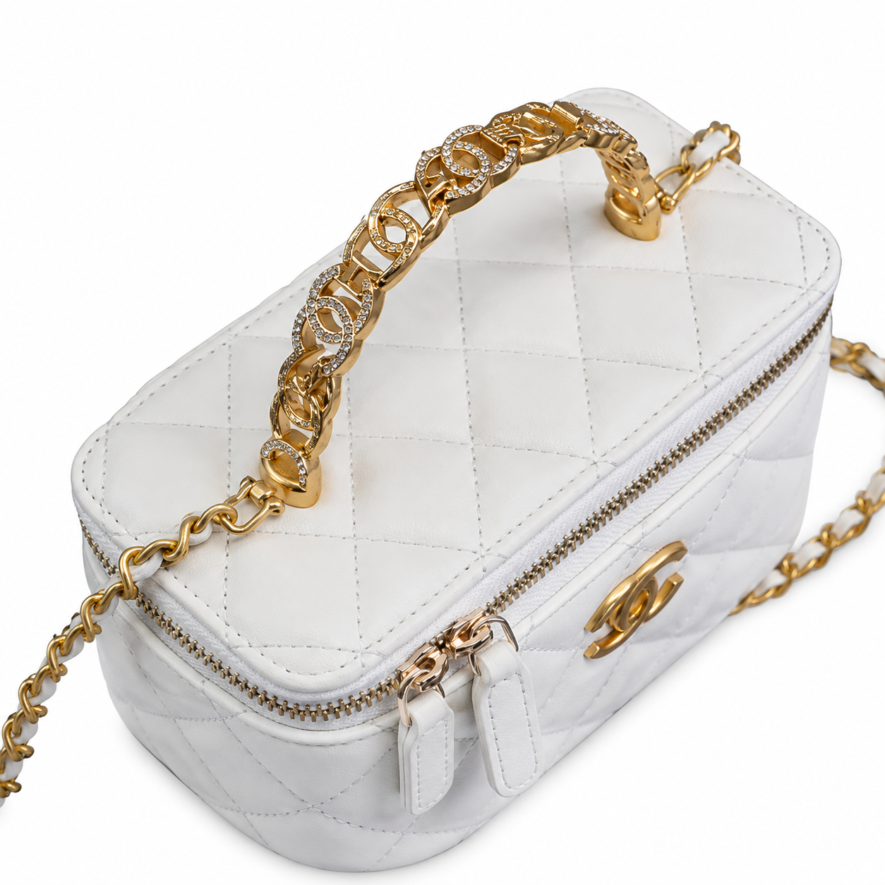 Chanel White Quilted Lambskin Vanity Box Bag | Gold CC Chain Handle