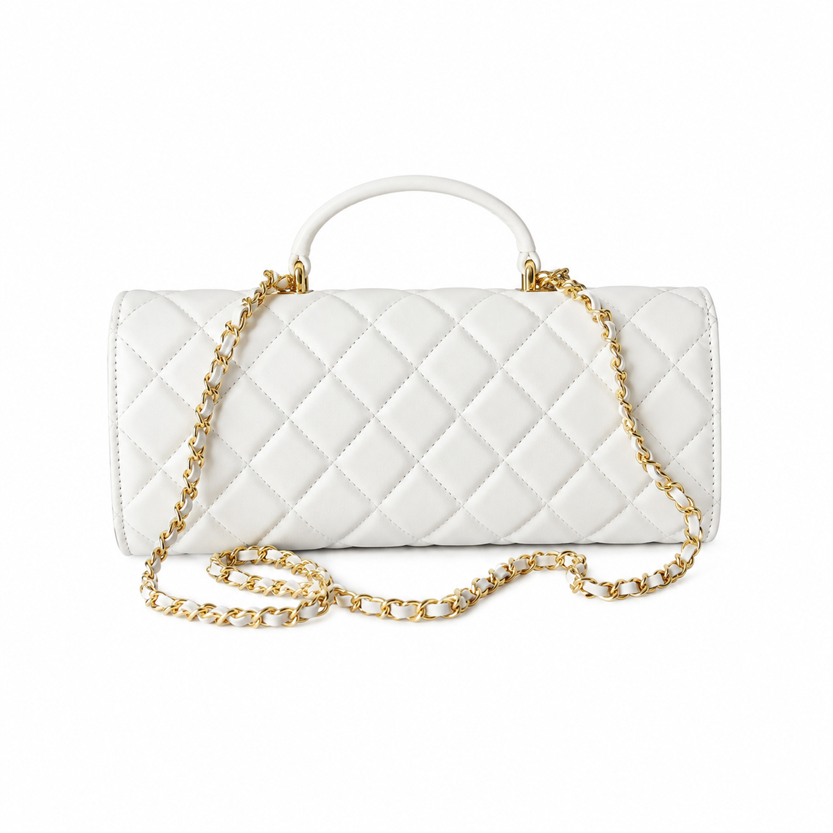 Chanel White Diamond-Quilted Lambskin Elongated Flap Bag | Top Handle & Tonal White Chain