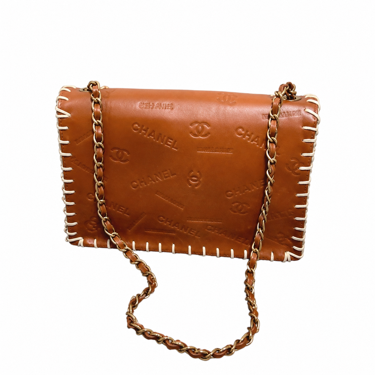 Chanel Large Flap Cognac CC Monogram Embossed | White Whipstitch & Gold Chain — 34cm