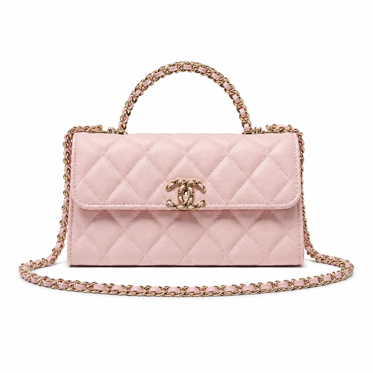 Chanel Baby Pink Fine-Grain Quilted Mini Top Handle Flap Bag | Rose Gold Chain-Texture CC Turn-Lock & Tonal Pink Chain