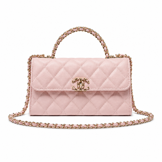 Chanel Baby Pink Fine-Grain Quilted Mini Top Handle Flap Bag | Rose Gold Chain-Texture CC Turn-Lock & Tonal Pink Chain