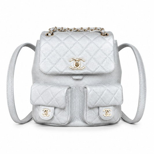 Chanel Duma Iridescent Caviar Backpack | CC Turn-Lock Gold Chain Silver — 20.5x20cm