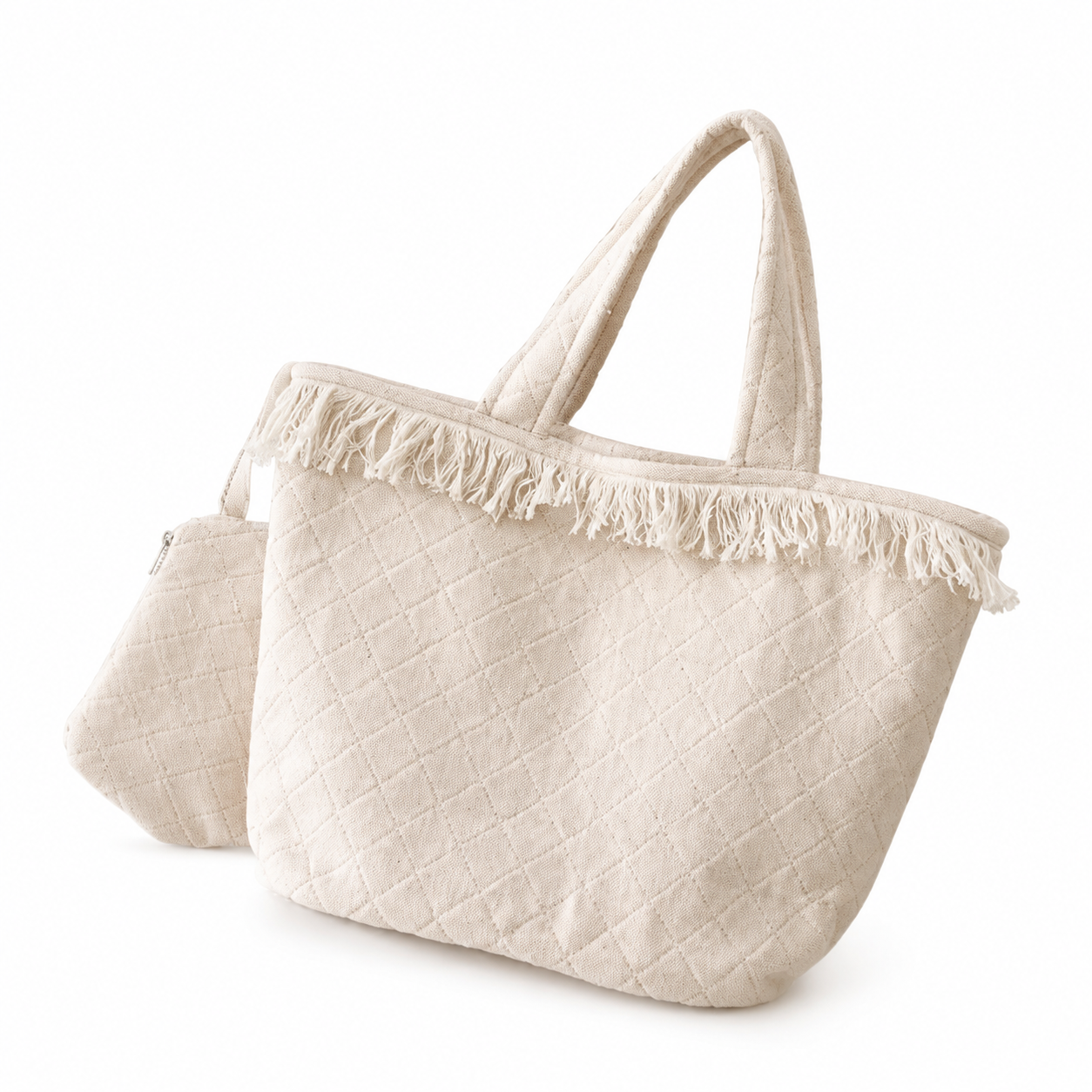 Chanel Ivory Quilted Canvas Large Fringe Tote | Oversized Tonal Embroidered CC, Open Top & Matching Mini Pouch