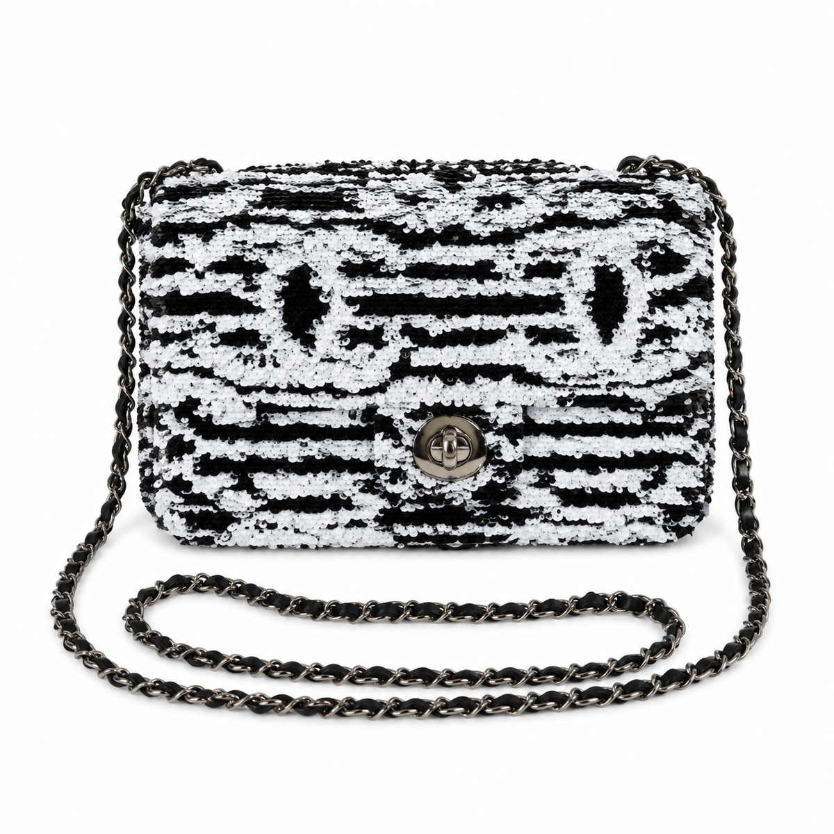 Chanel Black & White Zebra-Print Oversized Sequin Flap Bag | Square Gunmetal CC Turn-Lock & Black Leather Chain