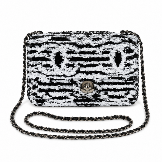 Chanel Black & White Zebra-Print Oversized Sequin Flap Bag | Square Gunmetal CC Turn-Lock & Black Leather Chain