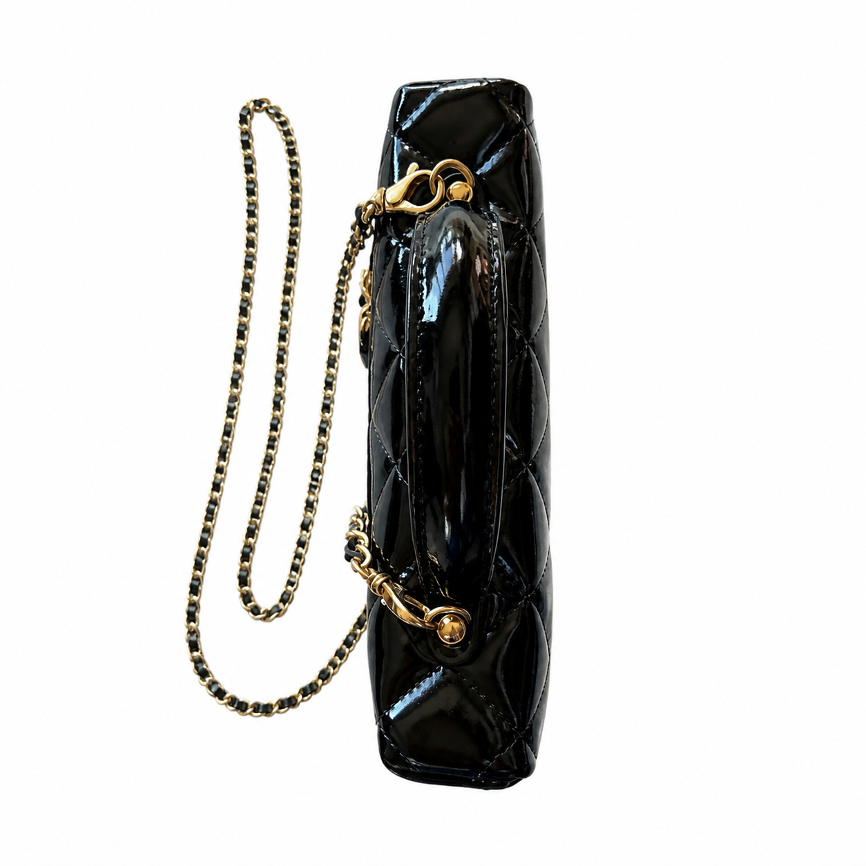 Chanel Pearl & Camellia CC Vanity Pouch Black Patent | Jewelled Gold CC & Chain — 19cm