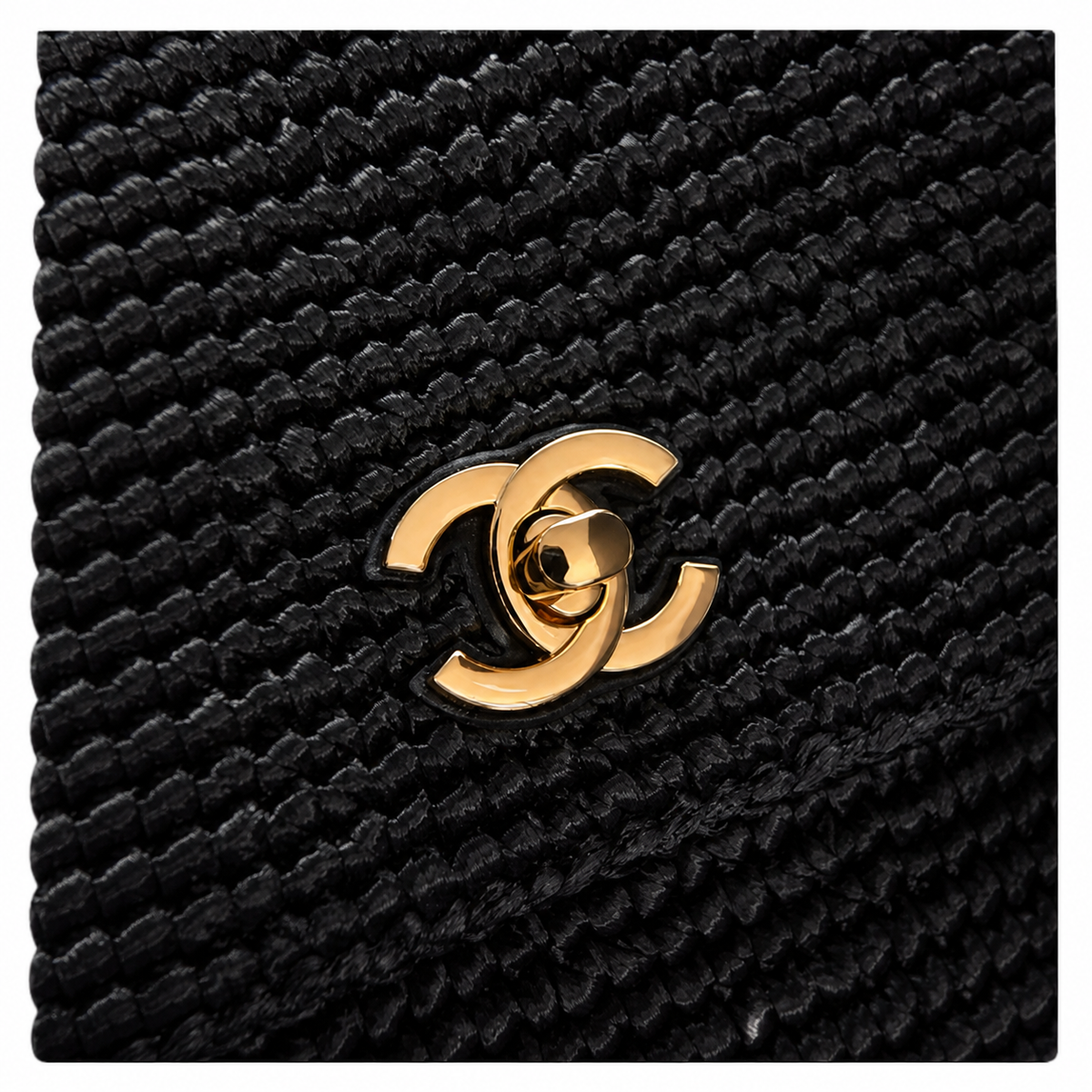 Chanel CC Raffia Woven Flap Bag | Black & Gold Chain — 25cm