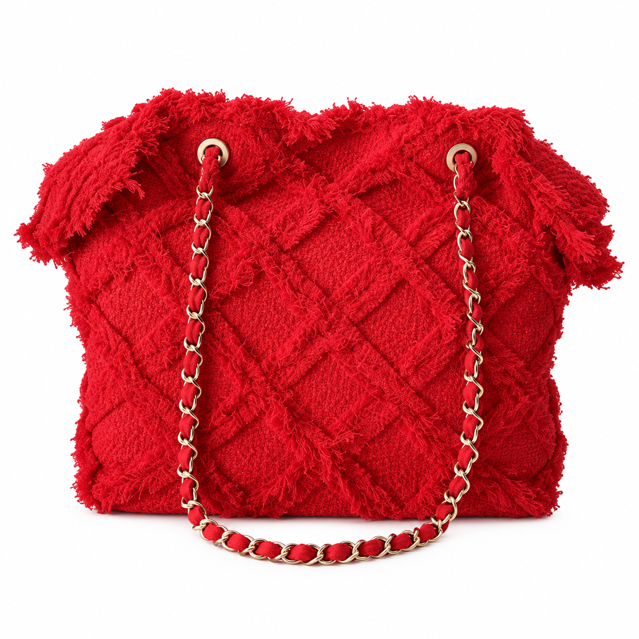 Chanel Large Quilted Fringe Tweed Tote Bag Red Gold 48cm