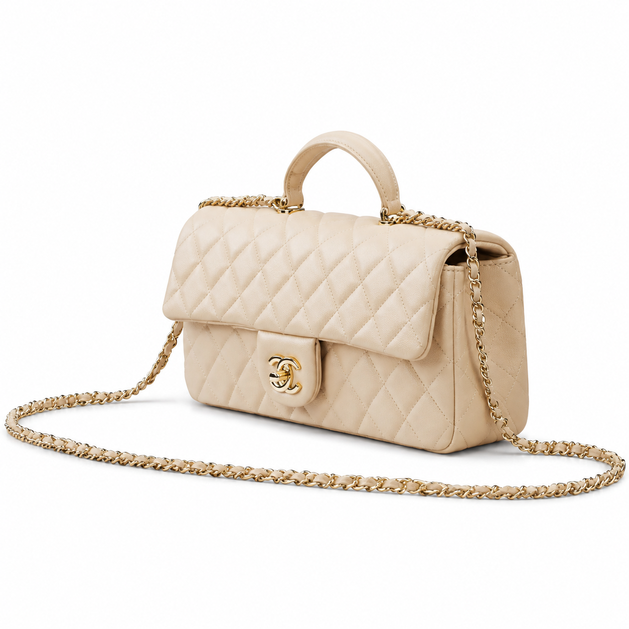 Chanel Cream Ivory Large Diamond-Quilted Lambskin Flap Bag | Top Handle & Pure Gold Chain