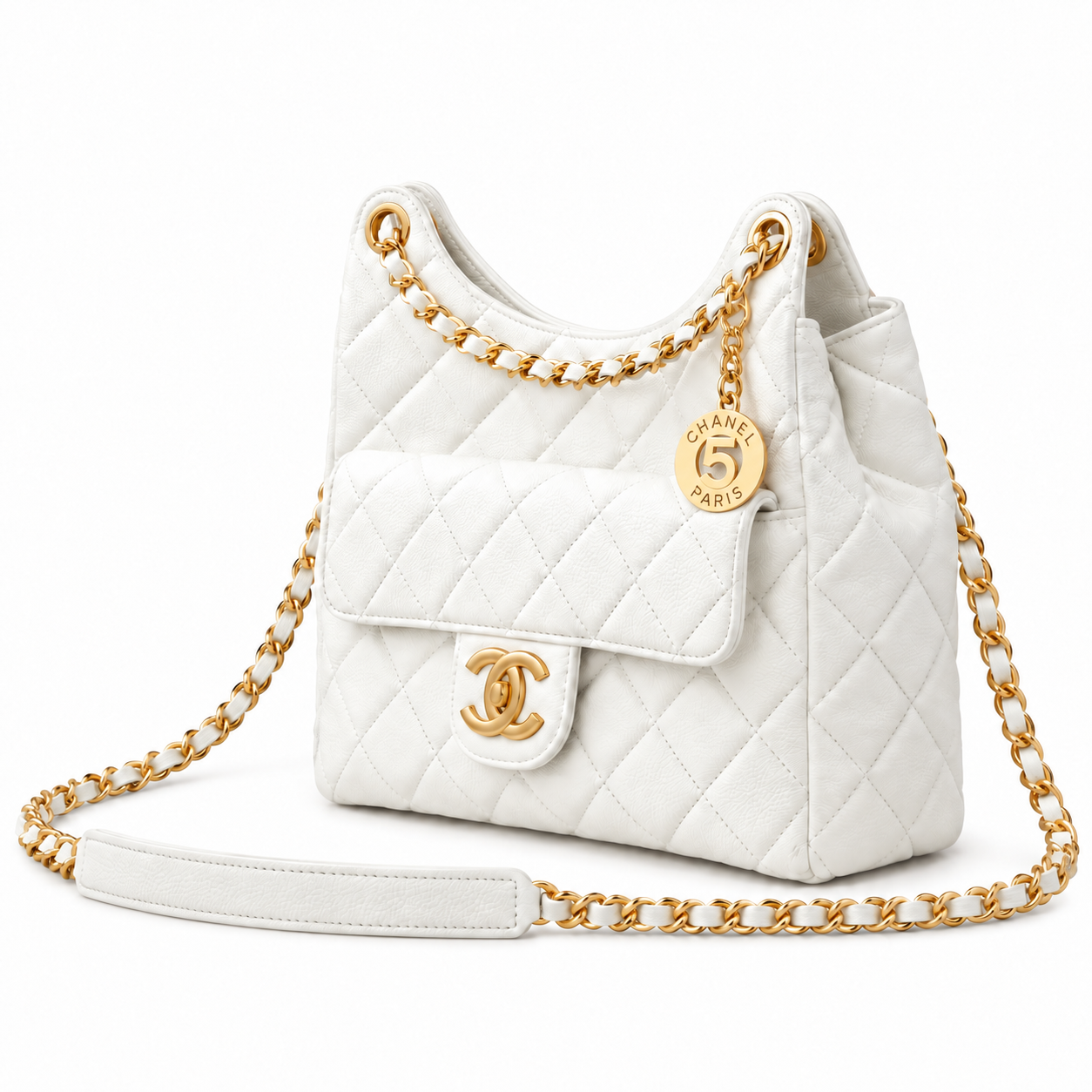 Chanel No.5 Charm Hobo Quilted Lambskin White Gold 22cm