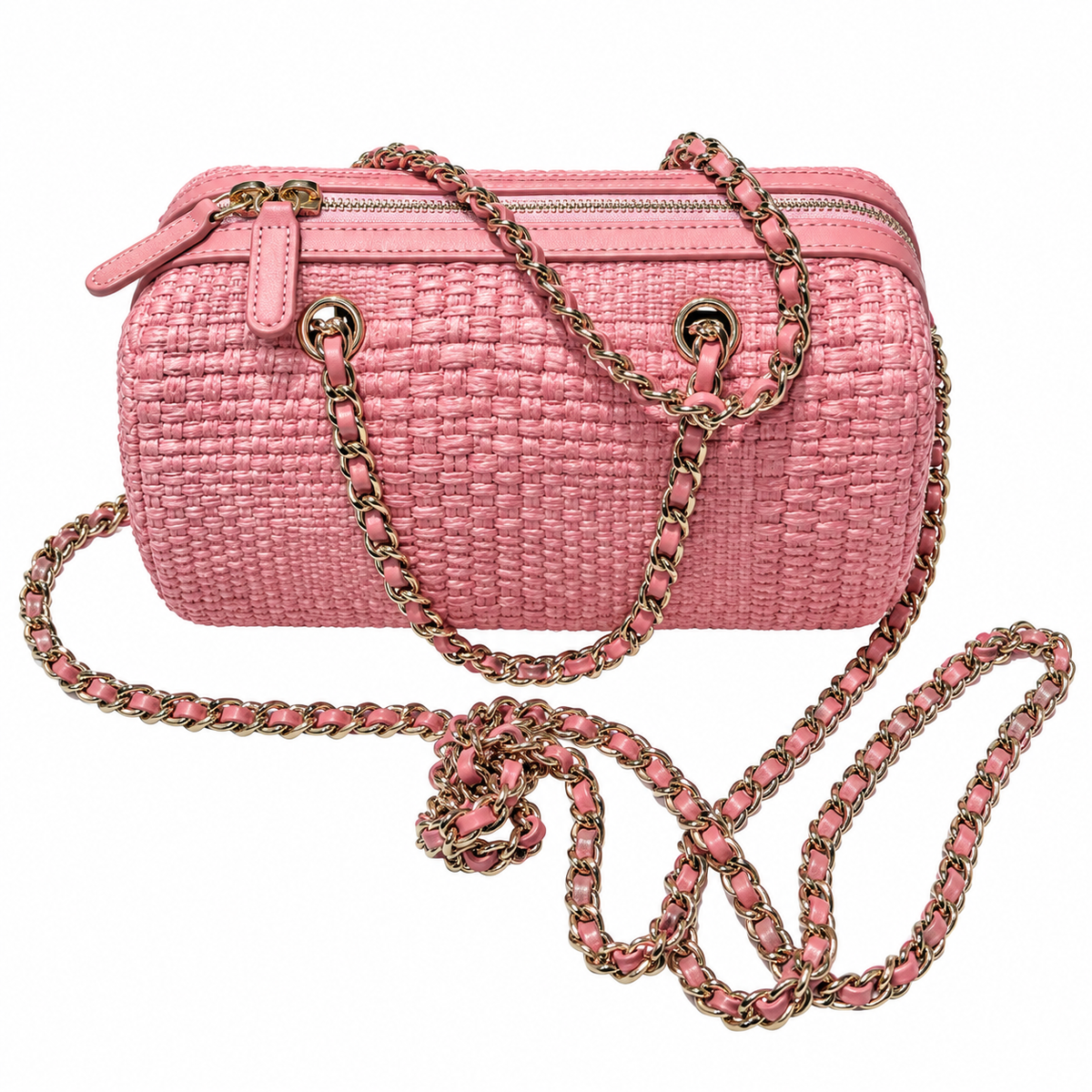 Chanel Raffia Barrel Bag Woven Pink Rose Gold Chain 18.5cm