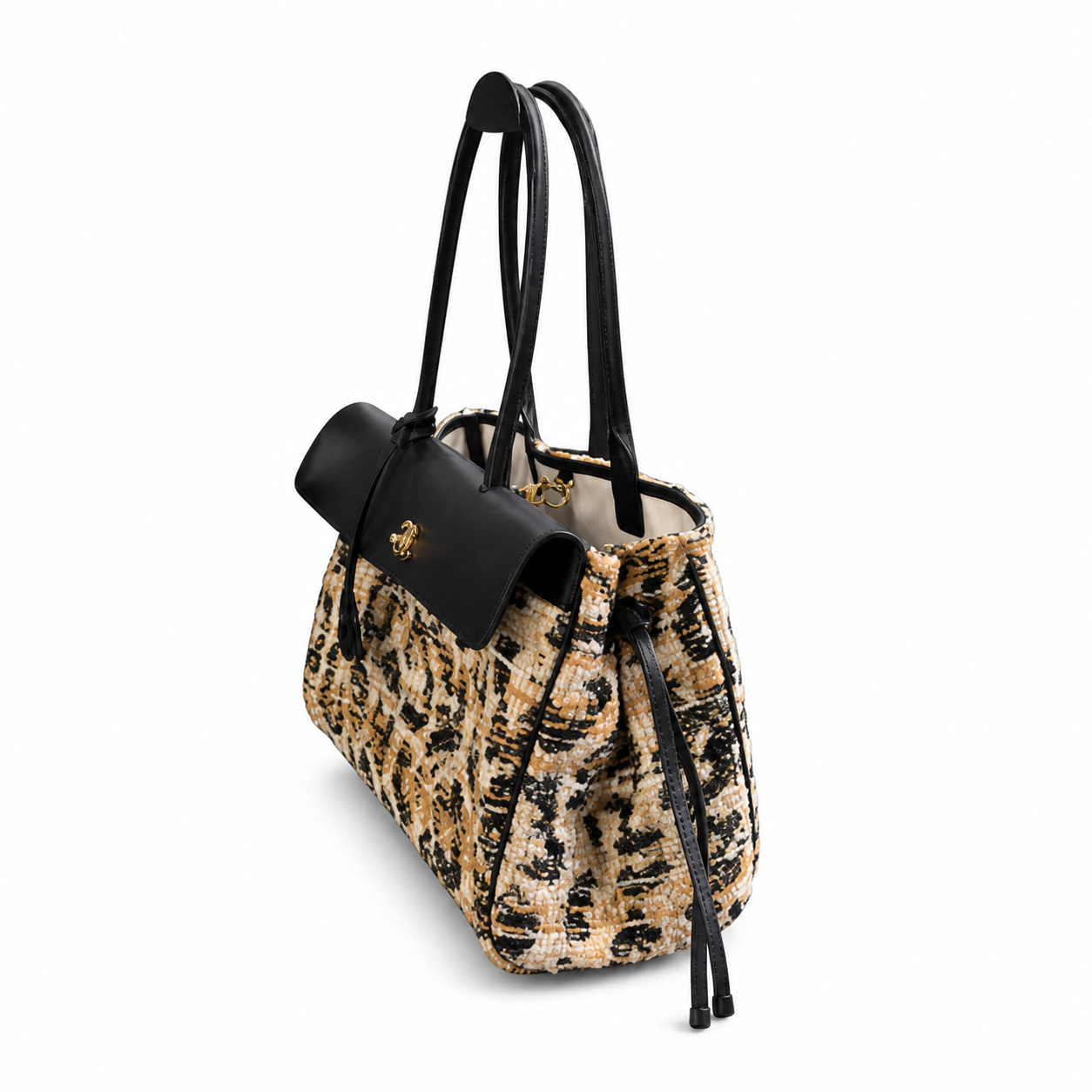 Chanel Medium Shopping Tote Abstract Camel & Black Bouclé Tweed | Detachable Leather Flap Pocket — 38cm