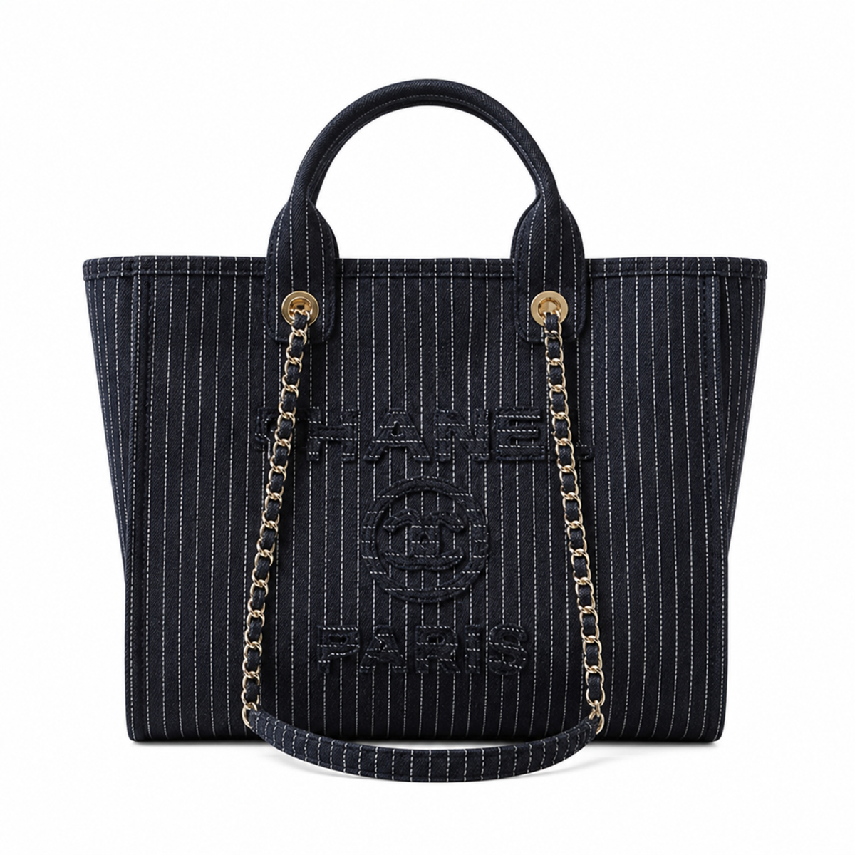 Chanel Deauville Tote Navy Pinstripe Tweed | Tonal CHANEL Embroidery — 32cm