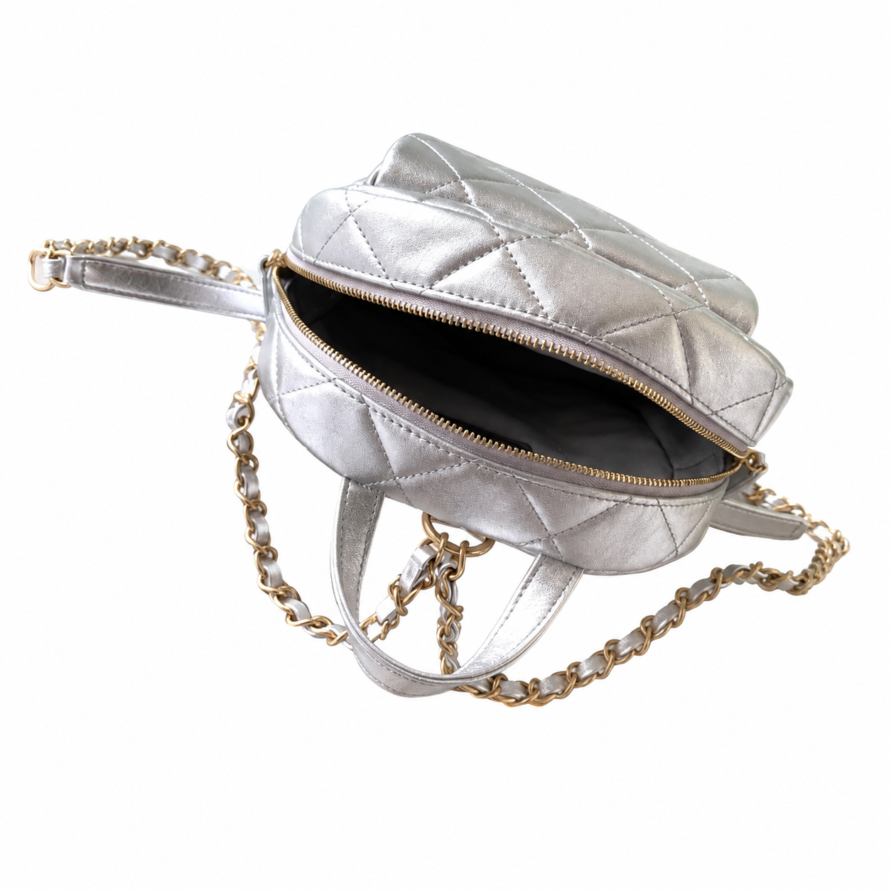 Chanel Metallic Quilted Mini Backpack | Gold Chain Silver Leather — 22cm