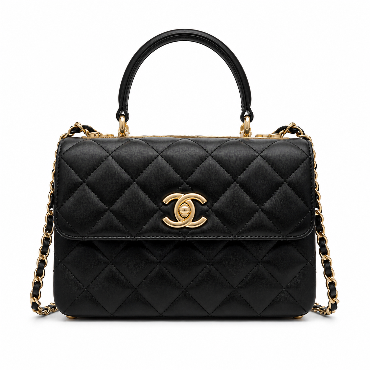 Chanel Trendy CC Mini Top-Handle Flap Black Lambskin | Gold CHANEL Nameplate Bar — 20cm