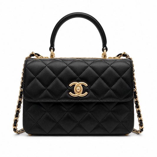 Chanel Trendy CC Mini Top-Handle Flap Black Lambskin | Gold CHANEL Nameplate Bar — 20cm